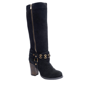 Chinese Laundry Backstreet tall black suede metal detailing block heel size 8